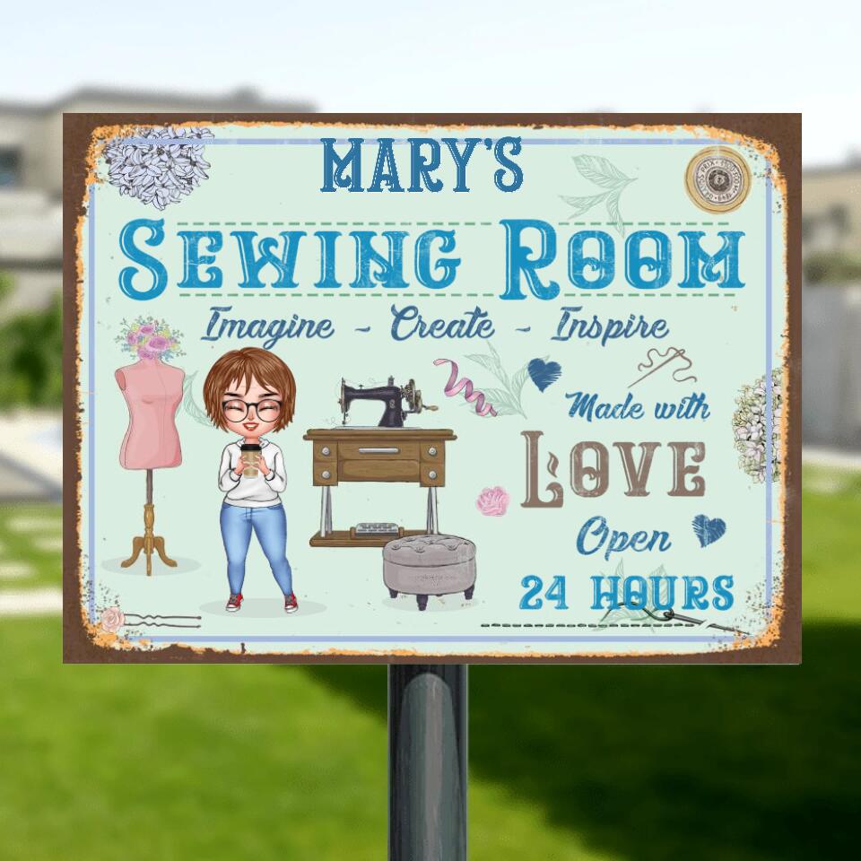 Custom Personalized Sewing Chibi Girl Metal Sign - Gift For Sewing Lovers/Mother's Day - Sewing Room Imagine, Create, Inspire Made With Love Open 24 Hours