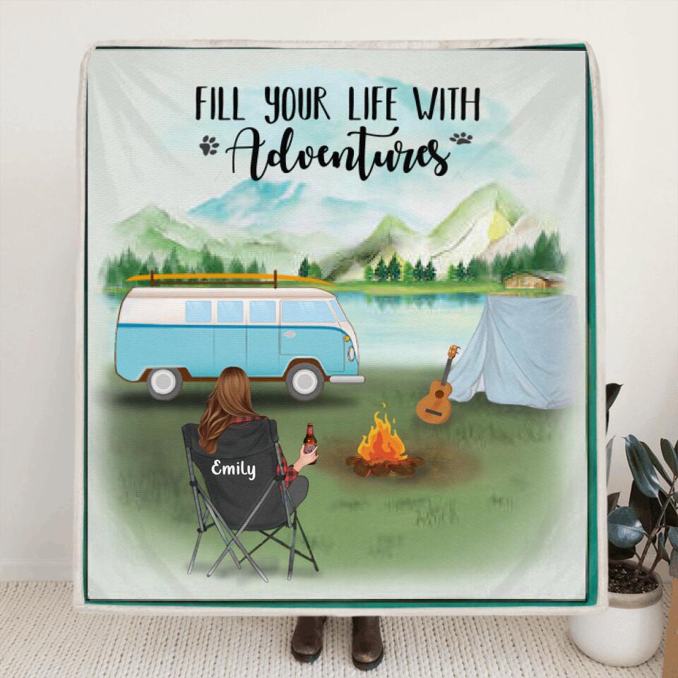 Personalized Camping Blanket - Man/Woman Up to 6 Pets & 6 Kids - Gift For Single Dad/Mom - Fill Your Life With Adventures