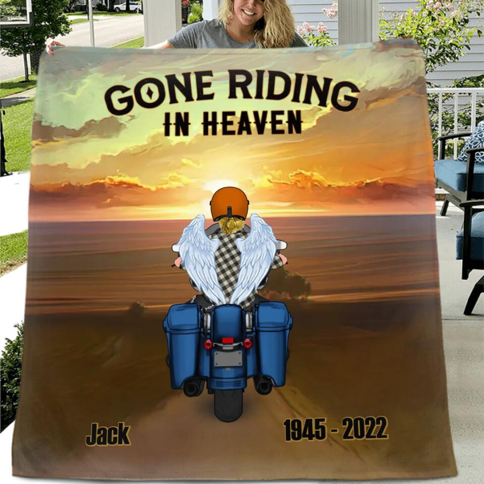Personalized Memorial Biker Quilt/Fleece Throw Blanket - Memorial Gift Idea For Father's Day - Gone Riding In Heaven