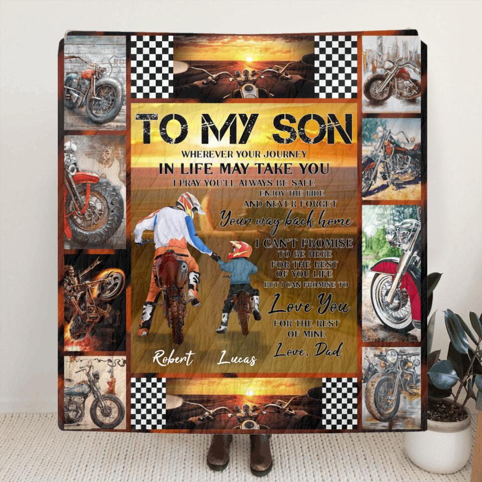 Personalized Father & Son Biker Fleece Throw Blanket/Quilt - Gift Idea For Bike Lovers From Father To Son - To My Son