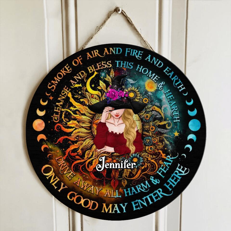 Personalized Witch Circle Door Sign - Gift Idea For Halloween/Witch Lovers - Smoke Of Air And Fire And Earth Cleanse And Bless This Home & Hearth