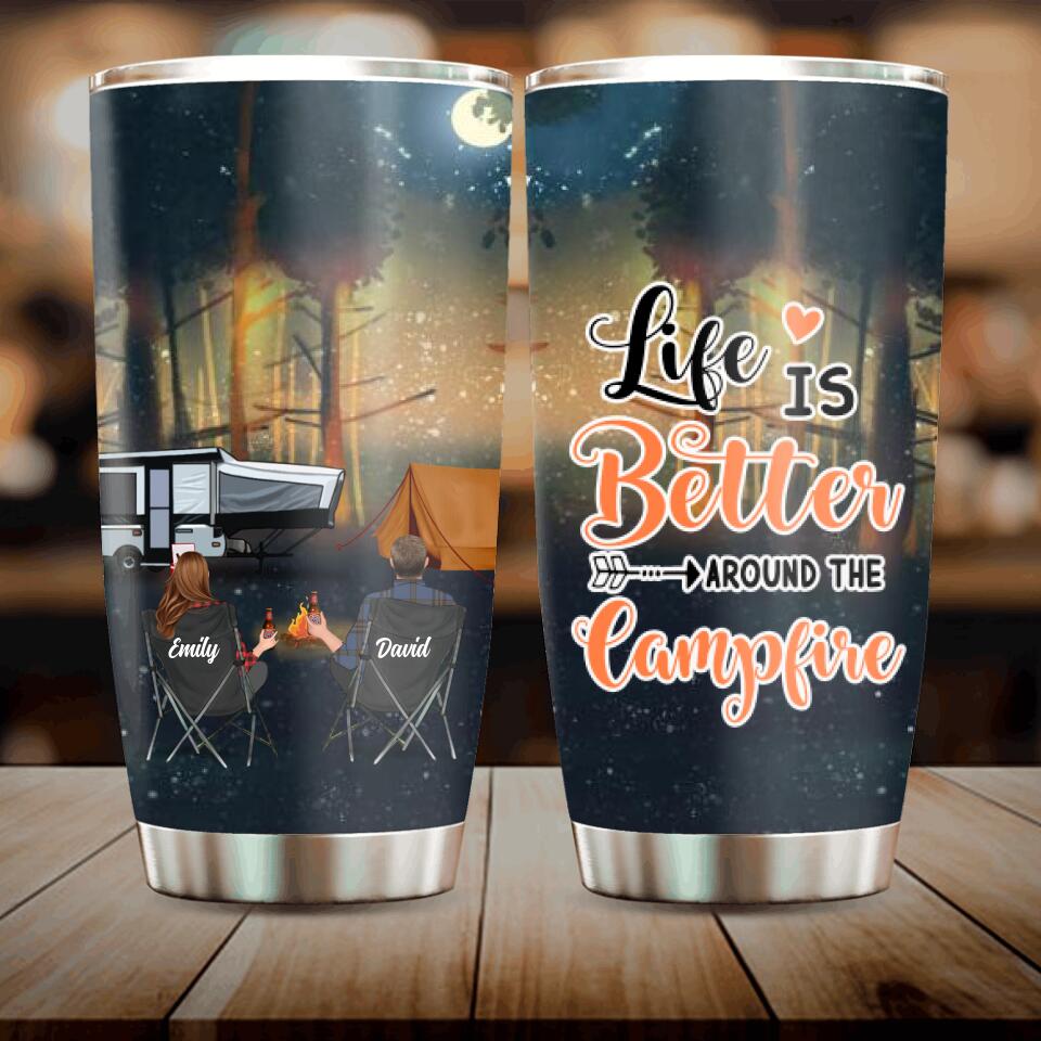 Personalized Night Camping Tumbler - Couple/Parents With Up to 3 Kids And 4 Pets - Gift For Camping Lover - Life Is Better Around The Camfire