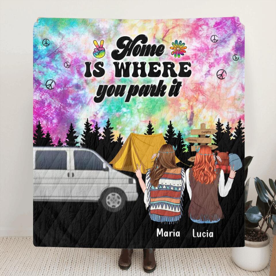 Personalized Hippie Friends Fleece Throw Blanket/Quilt - Gift Idea For Hippie Lovers - Up to 3 Girls - Home Is Where You Park It