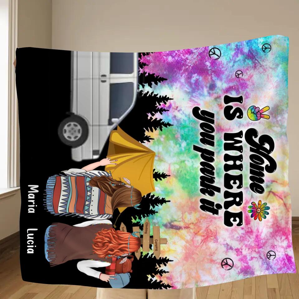 Personalized Hippie Friends Fleece Throw Blanket/Quilt - Gift Idea For Hippie Lovers - Up to 3 Girls - Home Is Where You Park It