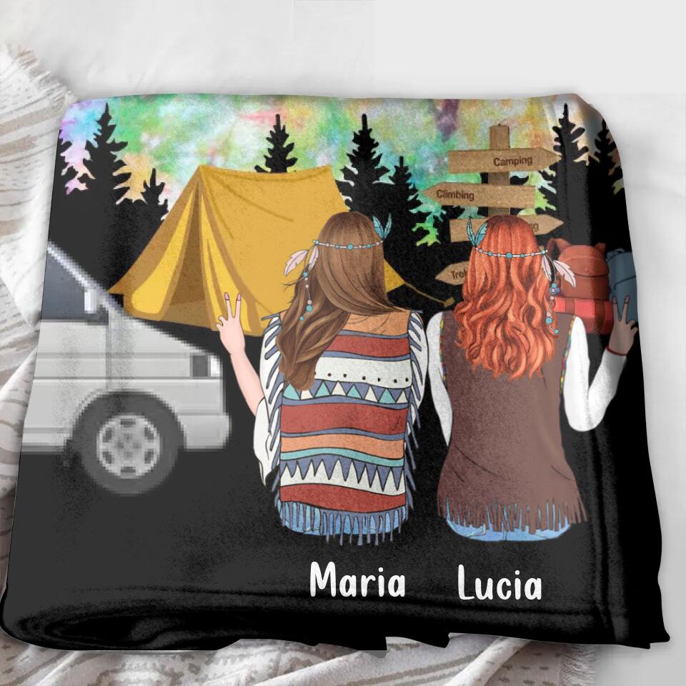 Personalized Hippie Friends Fleece Throw Blanket/Quilt - Gift Idea For Hippie Lovers - Up to 3 Girls - Home Is Where You Park It