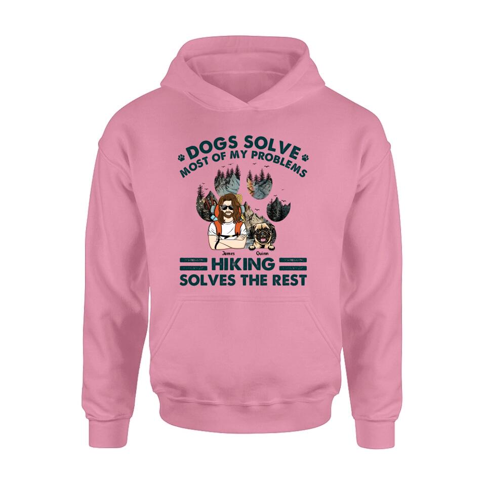 Personalized Hiking Shirt - Up to 4 Dogs - Mother's Day/Father's Day Gift Idea for Hiking/Dog Lovers - Dogs Solve Most Of My Problems Hiking Solves The Rest