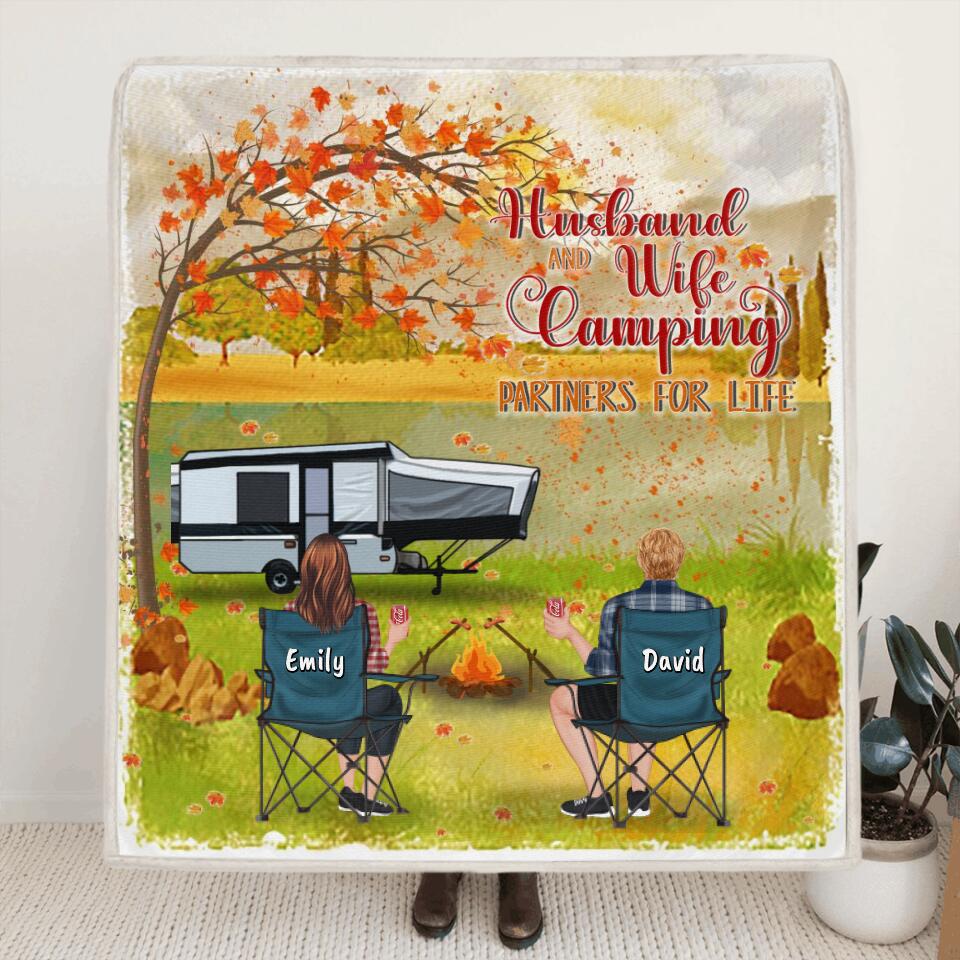 Personalized Camping In The Fall Blanket - Parents Up to 4 Kids, 4 Pets - Husband And Wife Camping Partners For Life