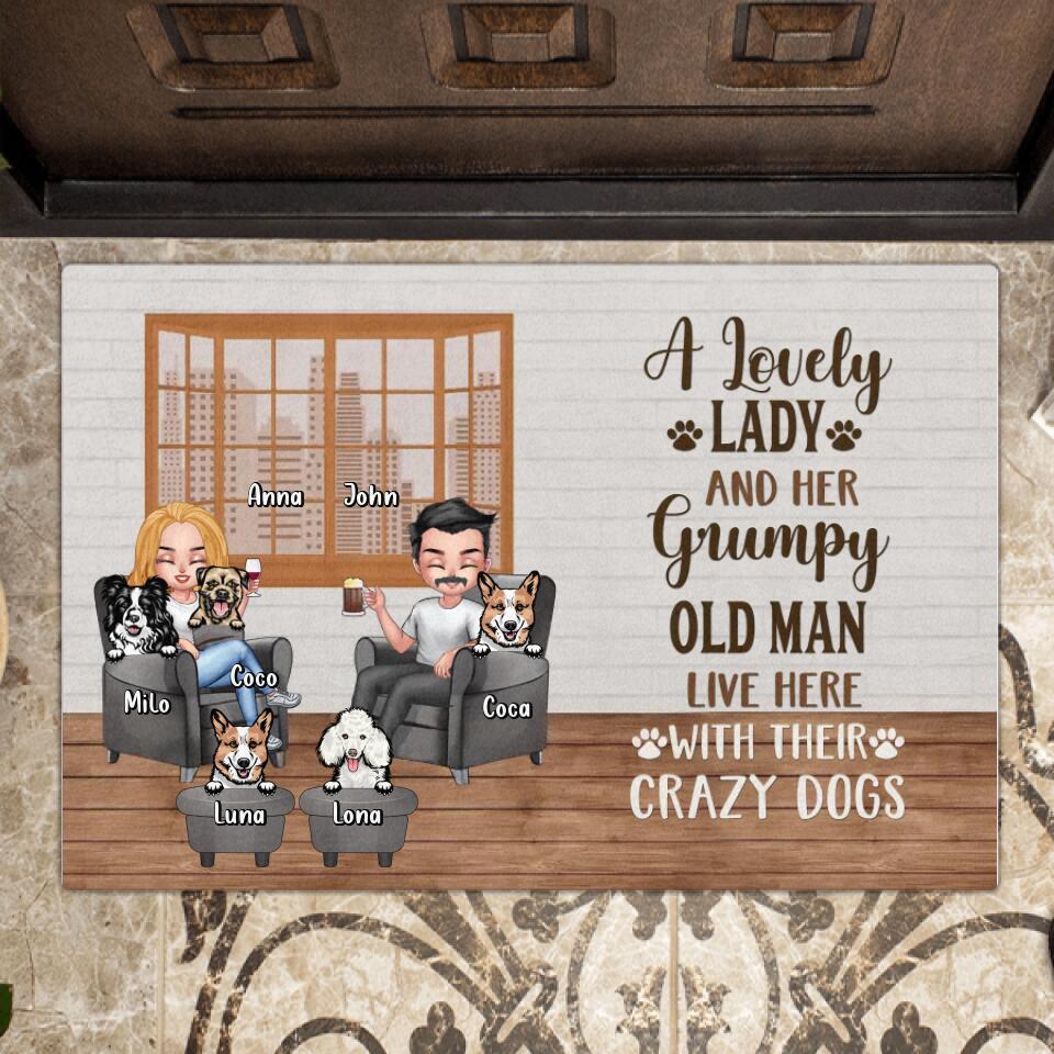Personalized Dog Family Doormat - Gift Idea For Dog Lovers/Couple - Up to 5 Dogs - A Lovely Lady And Her Grumpy Old Man Live Here With Their Crazy Dogs