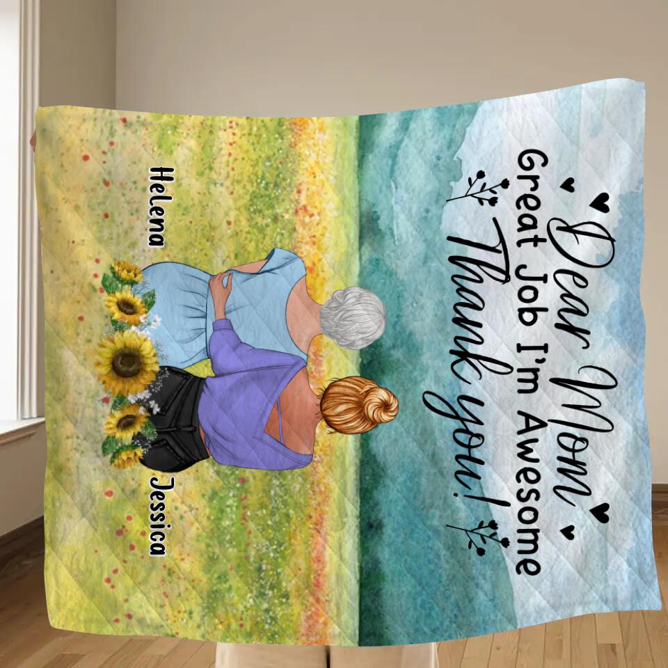 Personalized Mom & Daughter Quilt/Fleece Throw Blanket/Pillow Cover - Mother's Day Gift Idea From Daughter - Dear Mom Great Job I'm Awesome