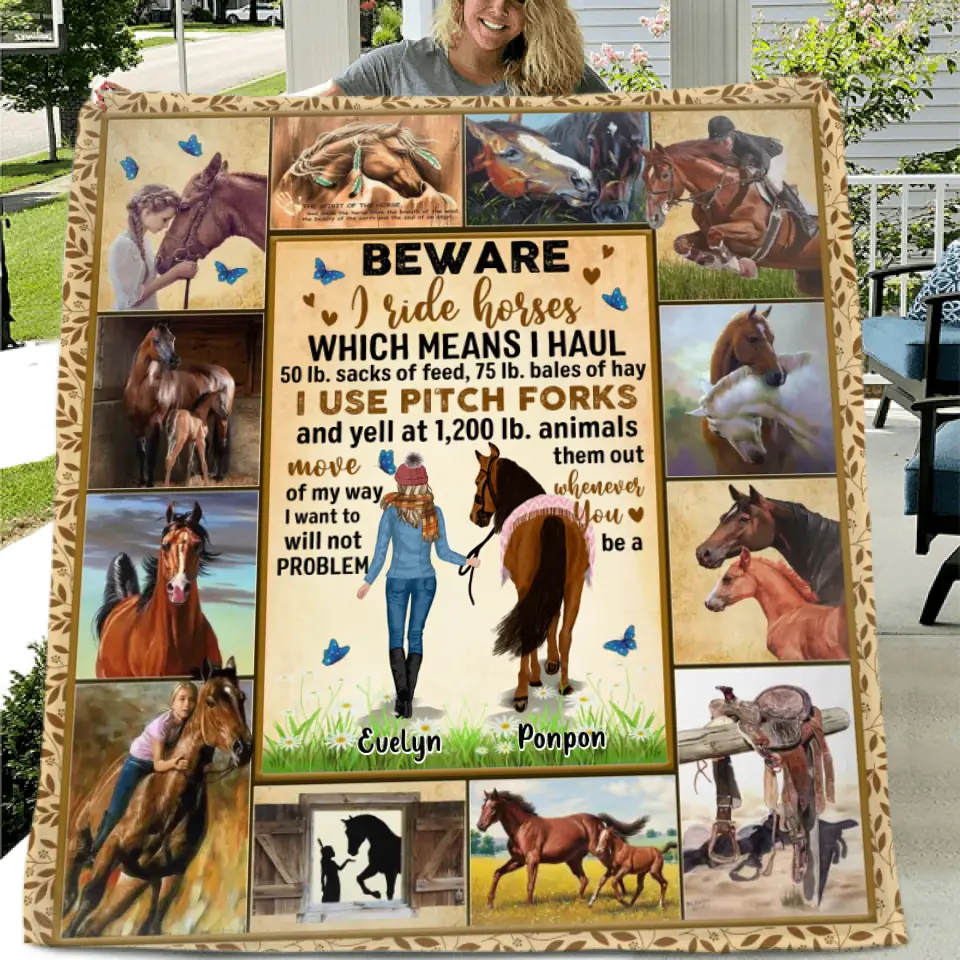 Personalized Horse Girl Quilt/Fleece Throw Blanket - Gift Idea For Horse Lovers - Beware I Ride Horses