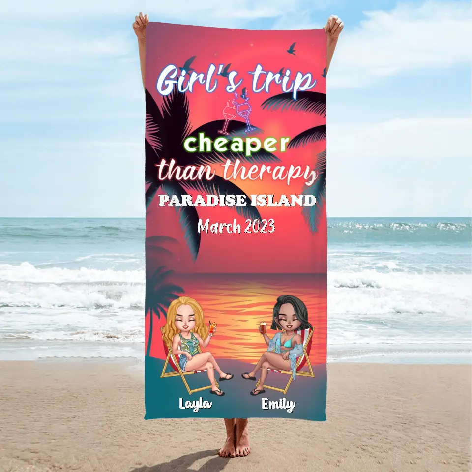 Personalized Girl's Trip Beach Towel - Up to 6 People - Gift Idea For Besties/Sisters/Friends - Beaches Booze & Besties