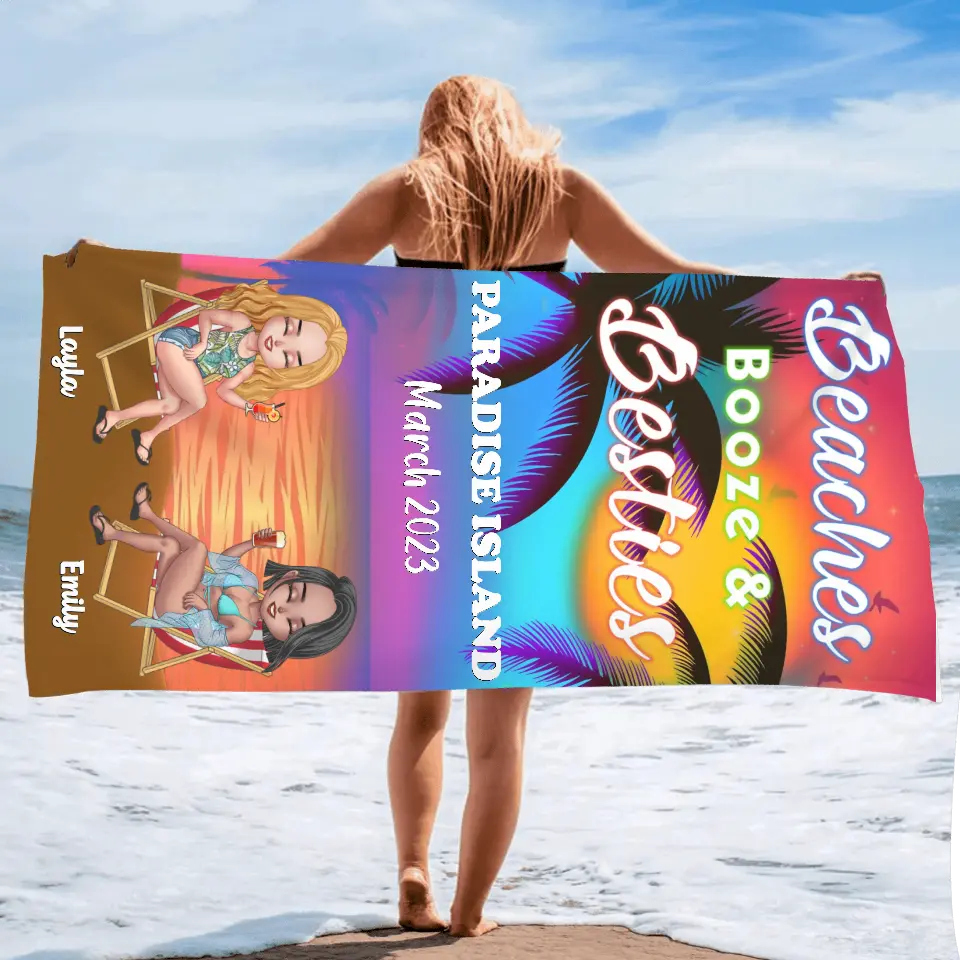 Personalized Girl's Trip Beach Towel - Up to 6 People - Gift Idea For Besties/Sisters/Friends - Beaches Booze & Besties
