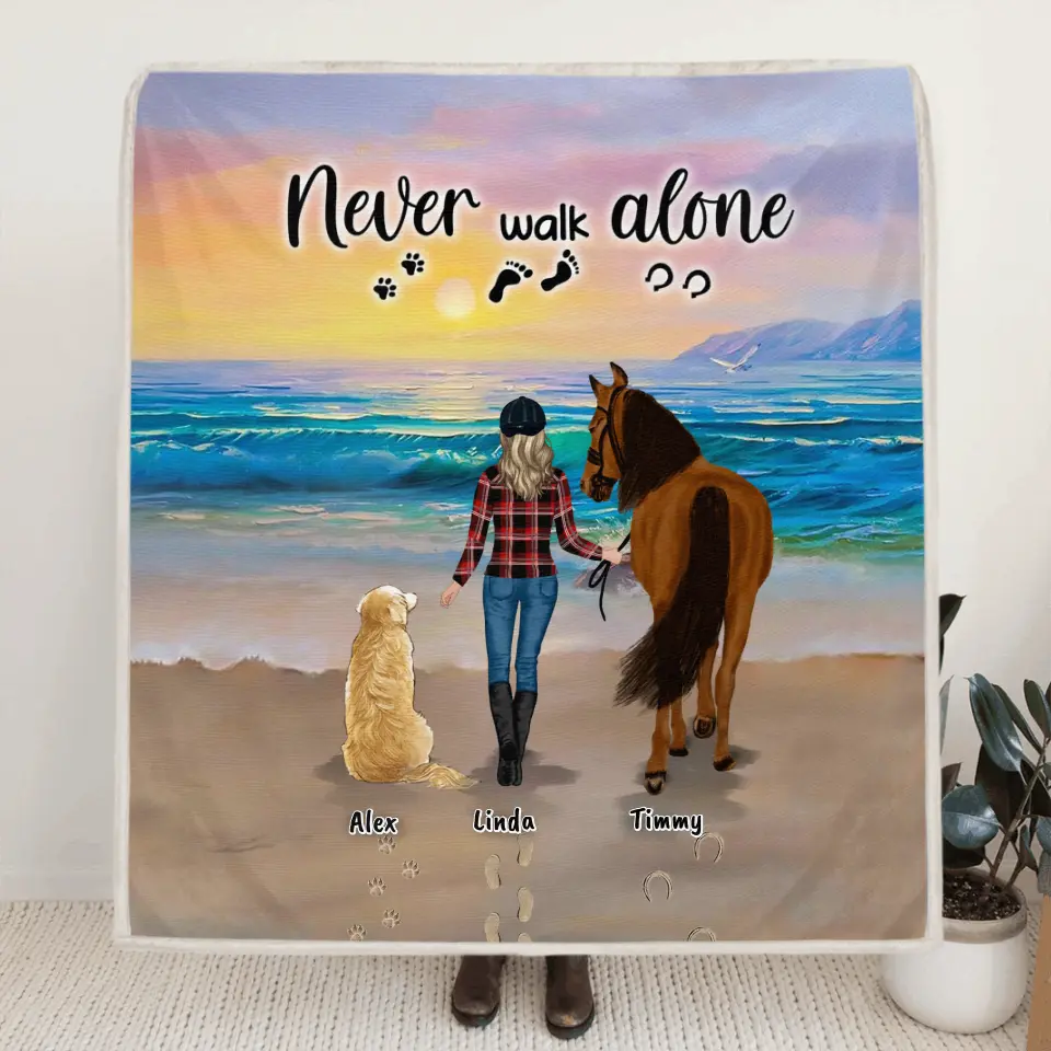 Personalized Footprint Quilt/Fleece Blanket - Up to 2 Horses/2 Dogs - Best Gift Dog Lovers/Horse Lovers - Never Walk Alone - G7PP86