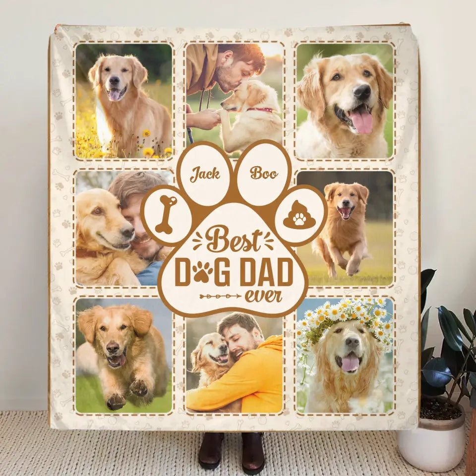 Personalized Dog Dad Fleece Throw Blanket/Quilt - Upload Photos - Father's Day Gift Idea for Dog Owners - Best Dog Dad Ever