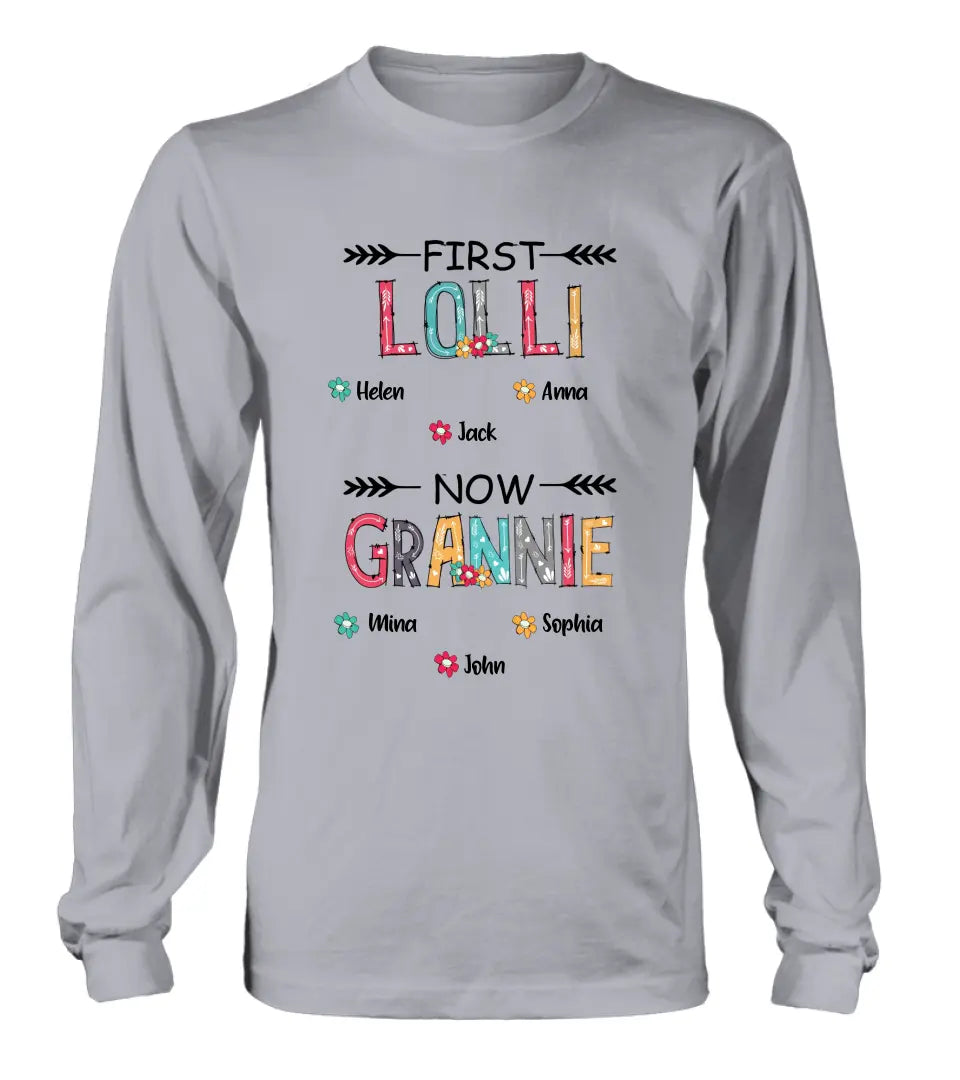 Personalized Grandma T-shirt/Long Sleeve/Sweatshirt/Hoodie - Up to 4 Kids And 8 Grandkids - Mother's Day Gift Idea for Grandma - First Mom Now Nana Kid And Grandkids Flower Pattern