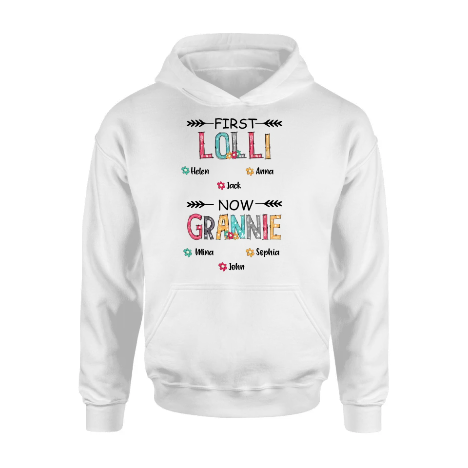 Personalized Grandma T-shirt/Long Sleeve/Sweatshirt/Hoodie - Up to 4 Kids And 8 Grandkids - Mother's Day Gift Idea for Grandma - First Mom Now Nana Kid And Grandkids Flower Pattern