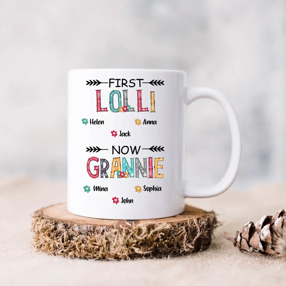 Personalized Grandma Coffee Mug - Up to 4 Kids And 8 Grandkids - Mother's Day Gift Idea for Grandma - First Mom Now Nana Kid And Grandkids Flower Pattern