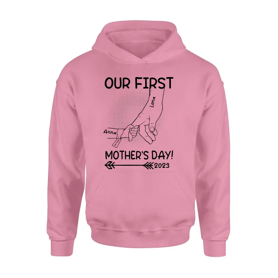 Personalized Hand Shirt/Hoodie/Sweatshirt/Long sleeve - Gift Idea For Mother's Day - Up to 6 Kids - Our First Mother's Day 2023