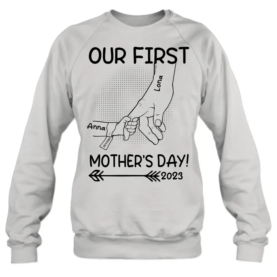 Personalized Hand Shirt/Hoodie/Sweatshirt/Long sleeve - Gift Idea For Mother's Day - Up to 6 Kids - Our First Mother's Day 2023