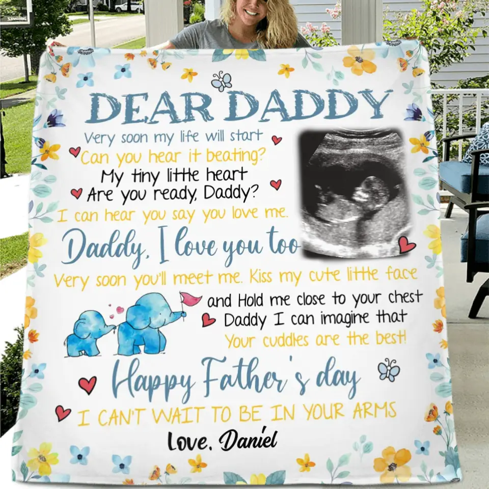 Personalized Baby Photo Quilt/Fleece Throw Blanket - Gift Idea For Father's Day - Dear Daddy Very Soon My Life Will Start