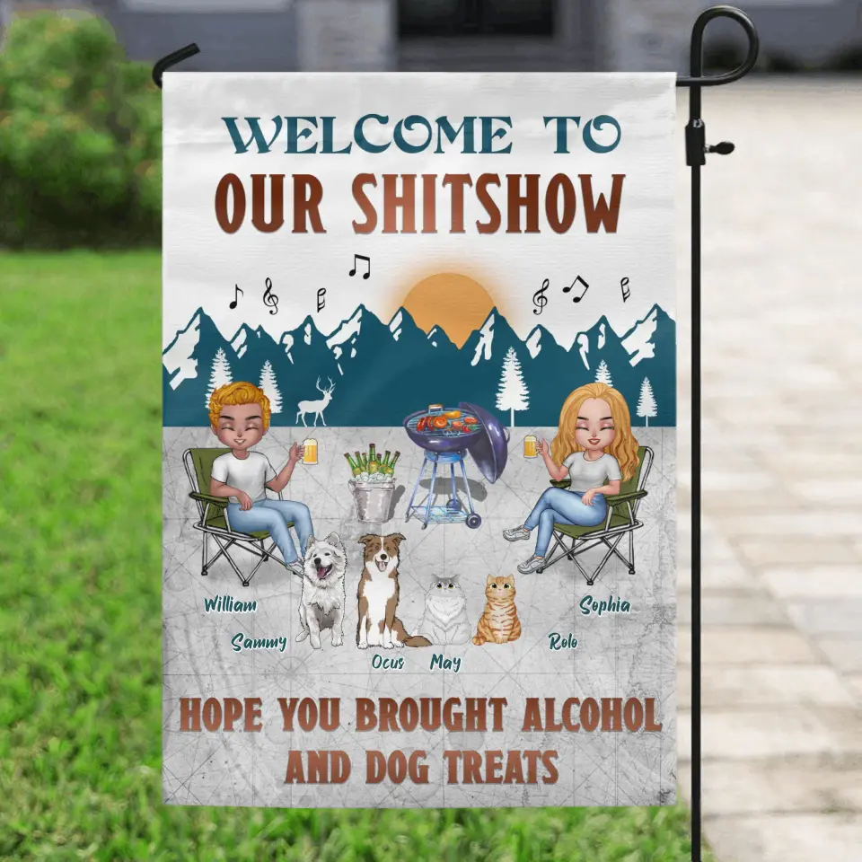 Personalized Camping Couple With Pet Flag Sign - Couple With Up to 4 Pets - Gift Idea For Camping/Dog/Cat Lovers - Welcome To Our Shitshow