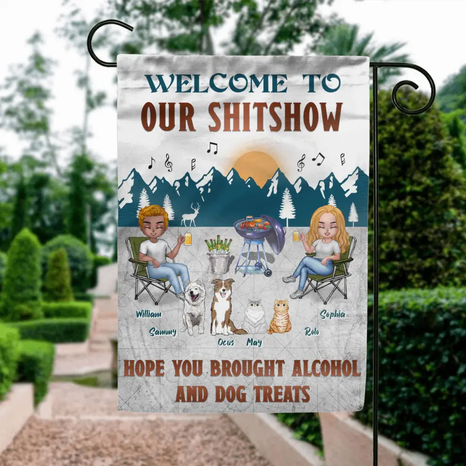 Personalized Camping Couple With Pet Flag Sign - Couple With Up to 4 Pets - Gift Idea For Camping/Dog/Cat Lovers - Welcome To Our Shitshow