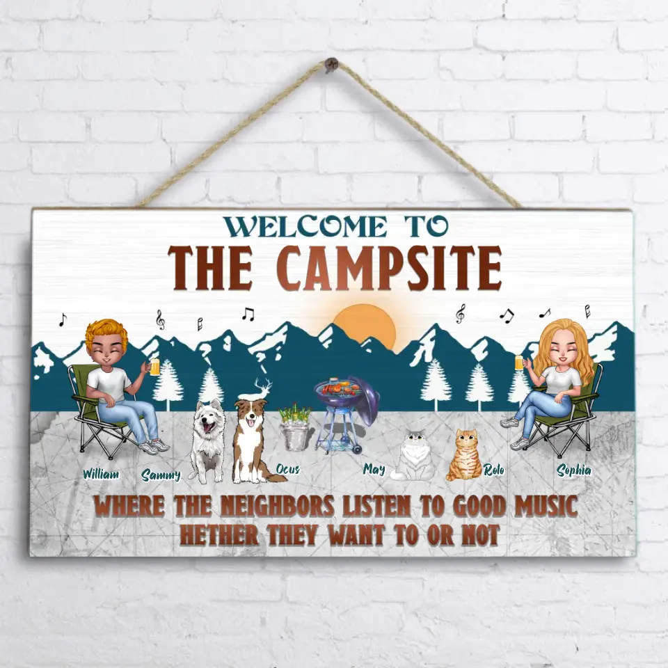 Personalized Camping Couple With Pet Wooden Sign - Couple With Up to 4 Pets - Gift Idea For Camping/Dog/Cat Lovers - Welcome To The Campsite