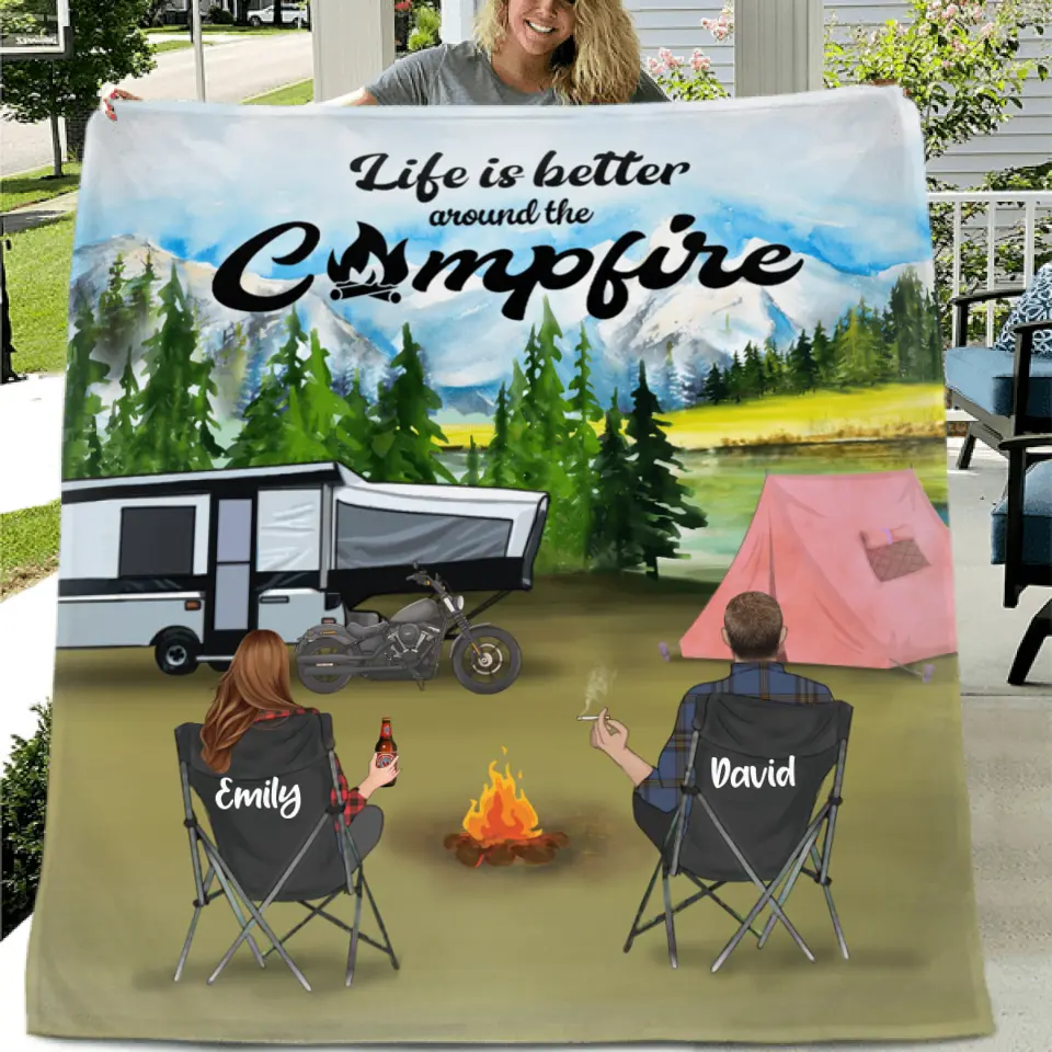 Personalized Camping Quilt Blanket - Gift Idea For Camping Lovers - Couple/Up to 4 Kids And 4 Pets