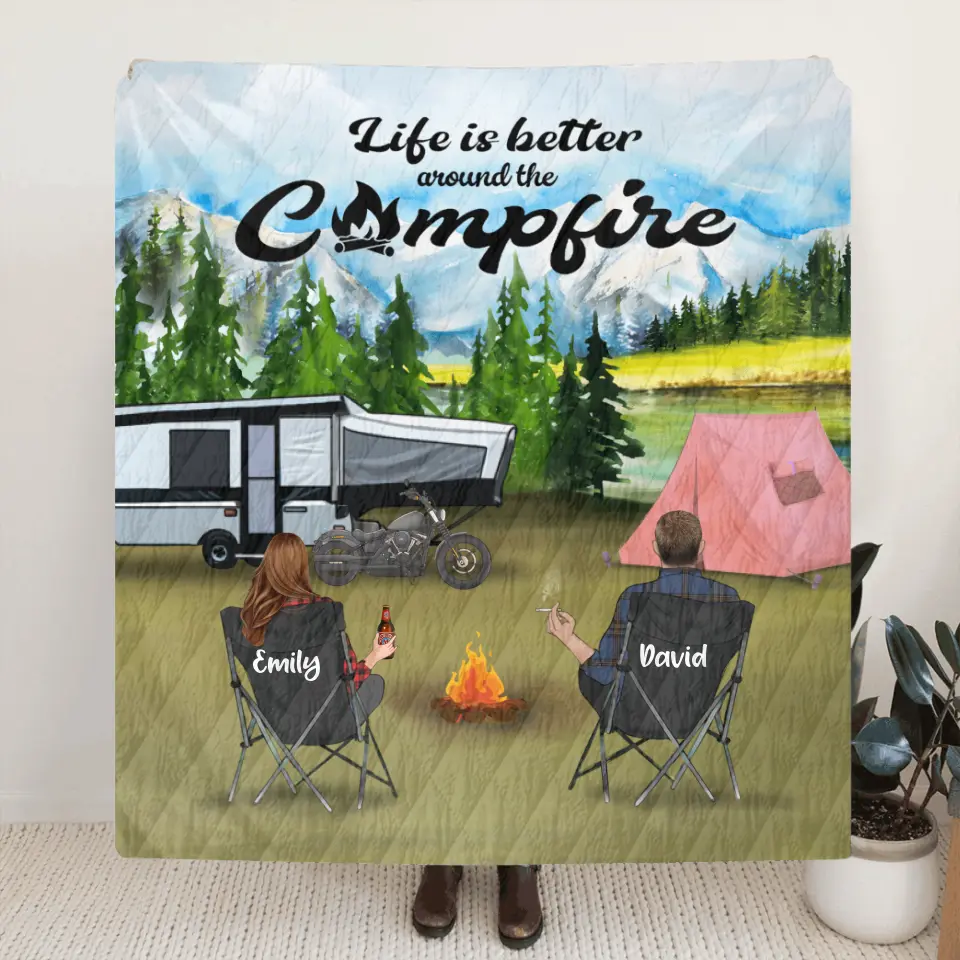 Personalized Camping Quilt Blanket - Gift Idea For Camping Lovers - Couple/Up to 4 Kids And 4 Pets