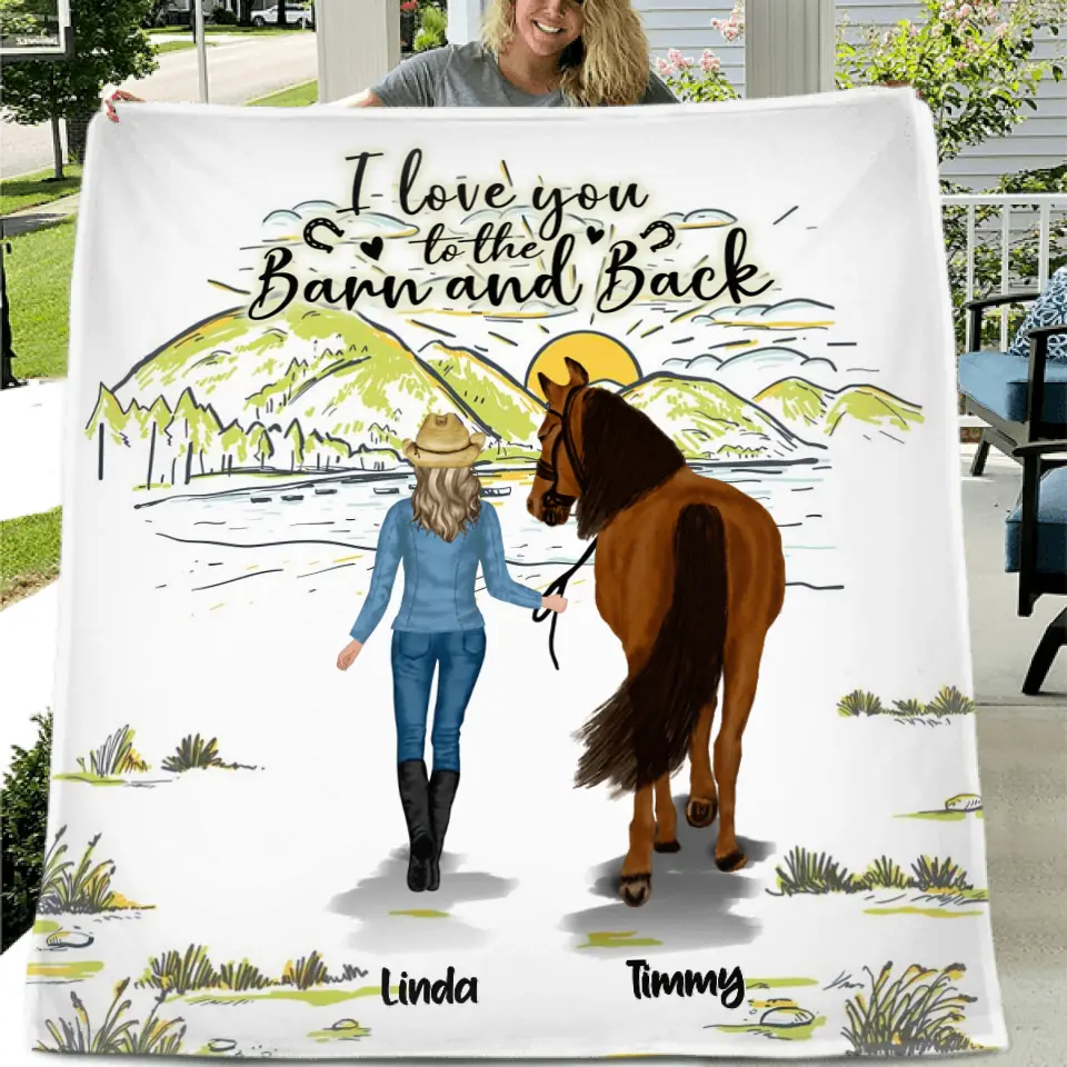 Personalized Horse Girl Quilt/Fleece Throw Blanket - Gift Idea For Horse Lovers - Up To 6 Horses - I Love You To The Barn And Back