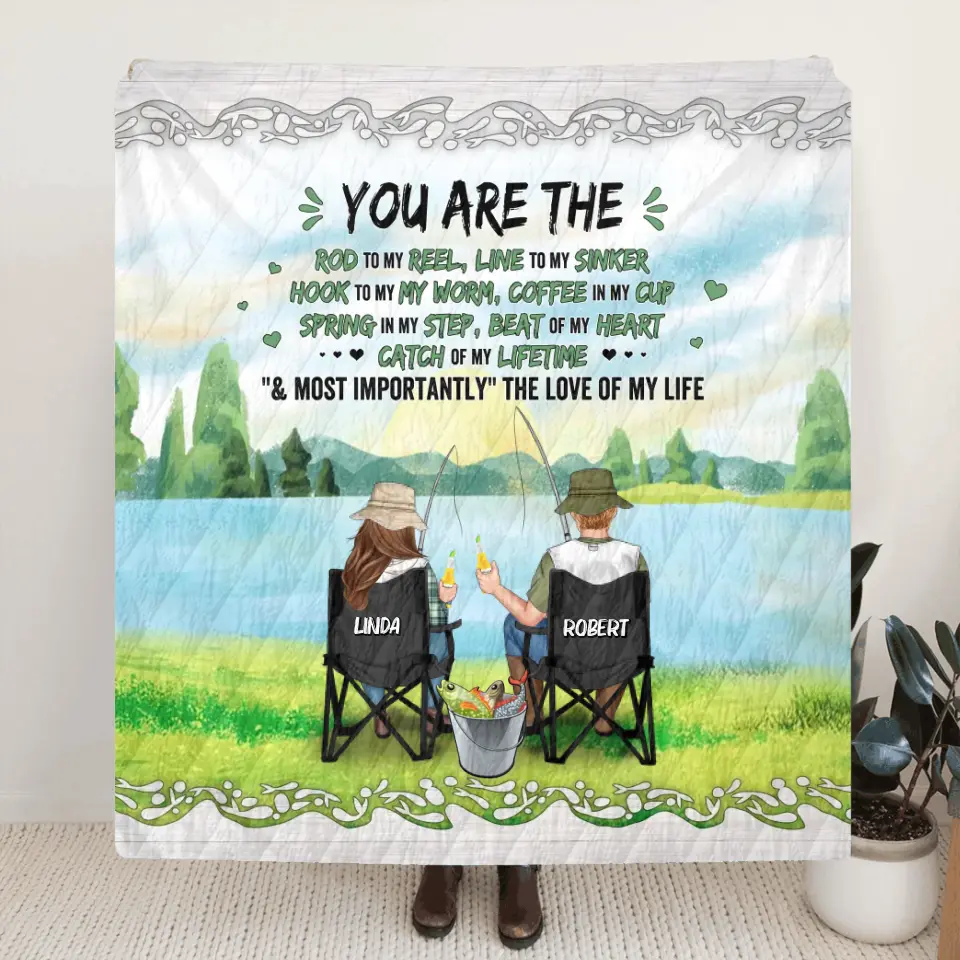 Personalized Fishing Couple Fleece Blanket/Quilt - Gift for Fishing Lovers/Couple/Husband and Wife - You Are The Rod To My Reel, Line To My Sinker