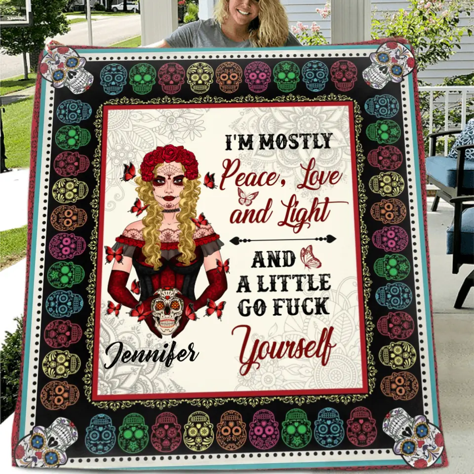 Personalized Sugar Skull Fleece Throw Blanket/Quilt  - Skull Gift For Girl - I'm Mostly Peace, Love And Light