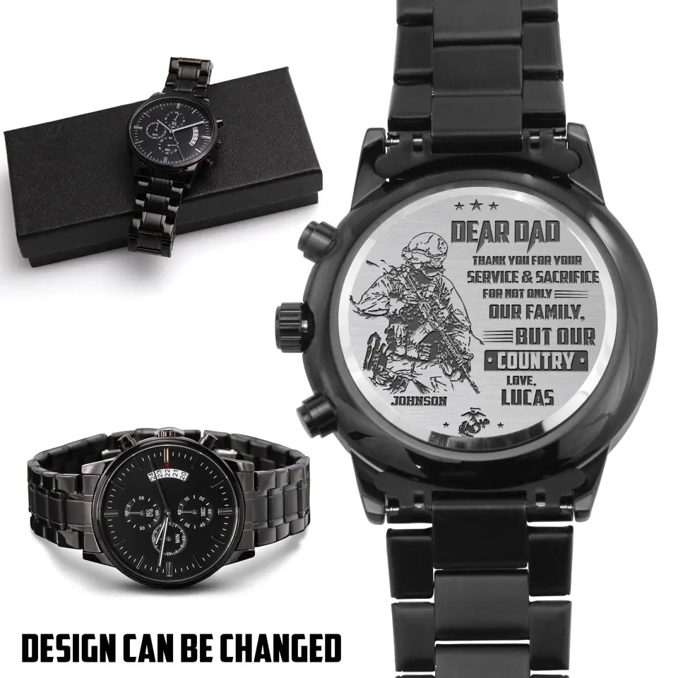 Personalized Veteran Black Chronograph Watch - Father's Day Gift for Veteran - Dear Dad Thank You For Your Service & Sacrifice