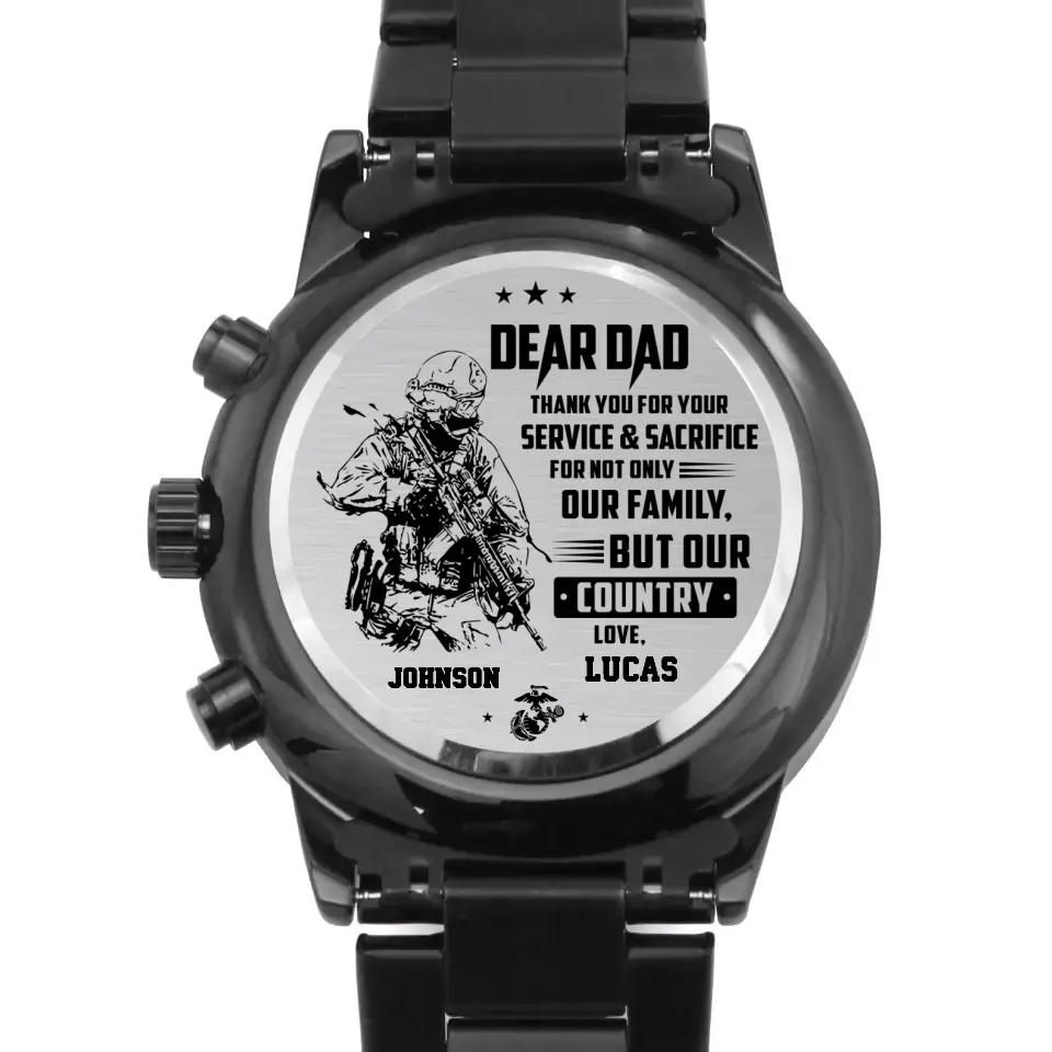 Personalized Veteran Black Chronograph Watch - Father's Day Gift for Veteran - Dear Dad Thank You For Your Service & Sacrifice