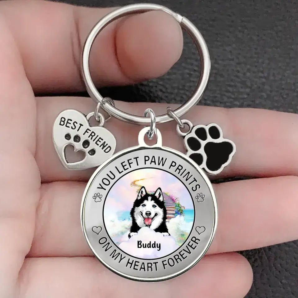 Personalized Pet Keychain Pet Charm - Up,to 2 Dogs/Cats - Memorial Gift Idea for Dog/Cat Owners - You Left Paw Prints On My Heart Forever