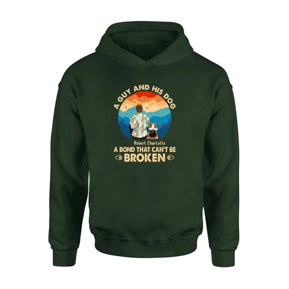 Personalized Dog Dad Shirt/Hoodie - Father's Day Gift Idea for Dad/Dog Lovers - Up to 4 Dogs - A Guy And His Dog A Bond That Can't Be Broken