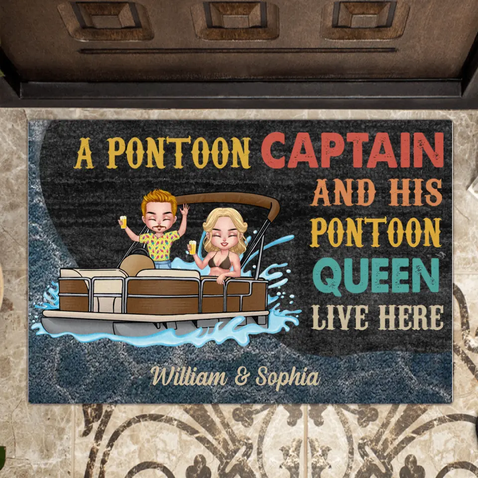 Personalized Pontoon Couple Doormat -  Gift Idea For Couple/Pontoon Lovers - A Pontoon Captain And His Pontoon Queen Live Here
