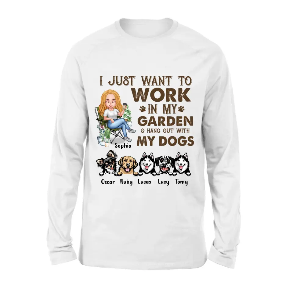 Personalized Garden Shirt/Hoodie - Up to 5 Pets - Funny Gardening Gift For Dog/Cat Lover - I Just Want To Work In My Garden & Hang Out With My Dogs