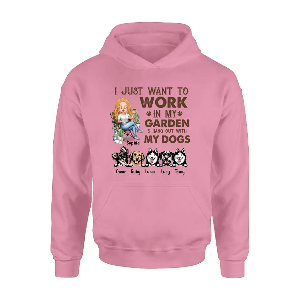 Personalized Garden Shirt/Hoodie - Up to 5 Pets - Funny Gardening Gift For Dog/Cat Lover - I Just Want To Work In My Garden & Hang Out With My Dogs