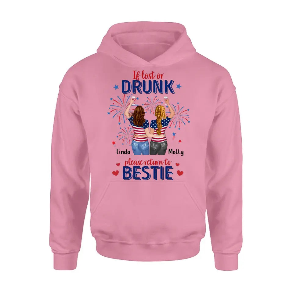 Personalized Friend's 4th Of July T-Shirt/Long Sleeve/Sweatshirt/Hoodie - Gift Idea For Friends/Besties/Sister On Independence Day - Up to 4 Girls - If Lost Or Drunk Please Return To Bestie