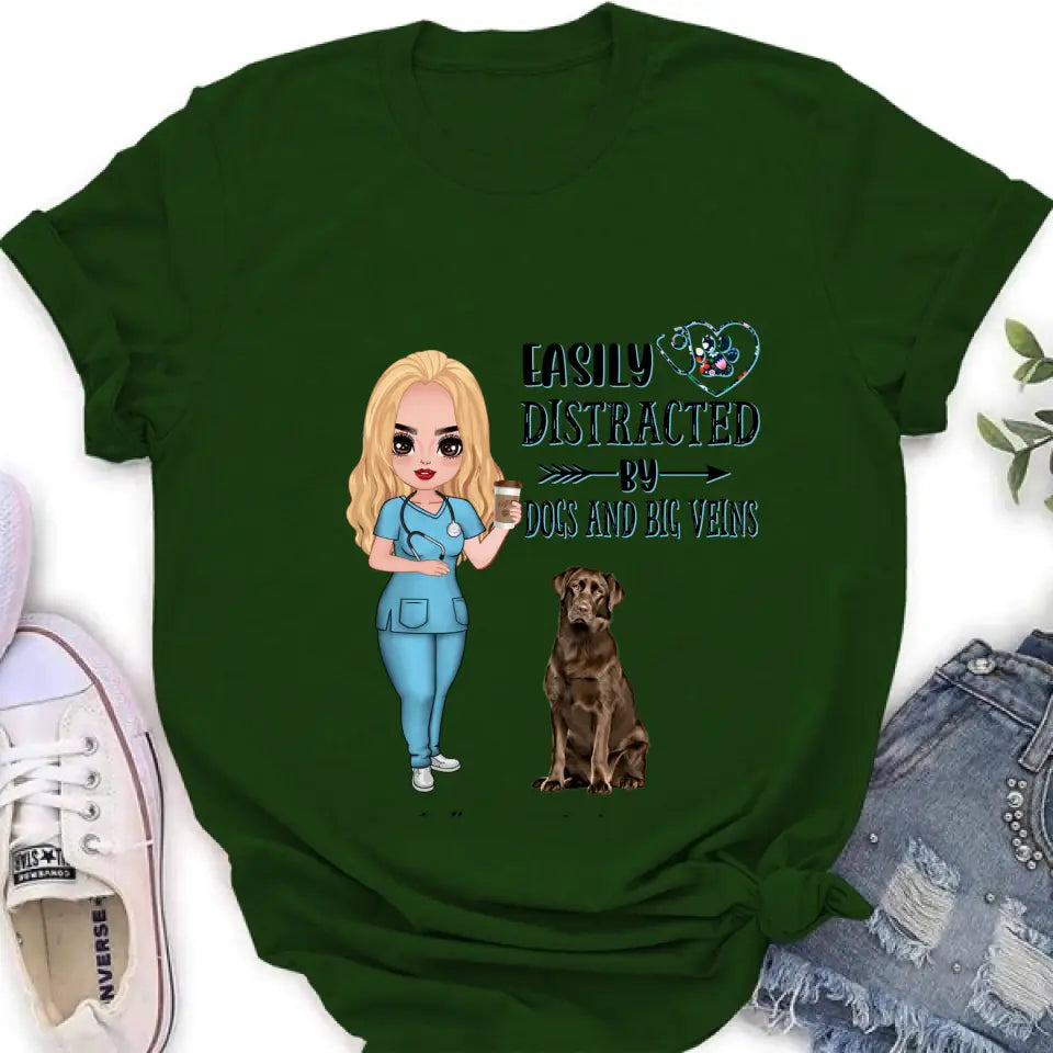 Personalized Nurse Dog Mom Shirt/ Pullover Hoodie - Up to 5 Dogs - Gift Idea For Dog Lovers - Easily Distracted By Dogs And Big Veins