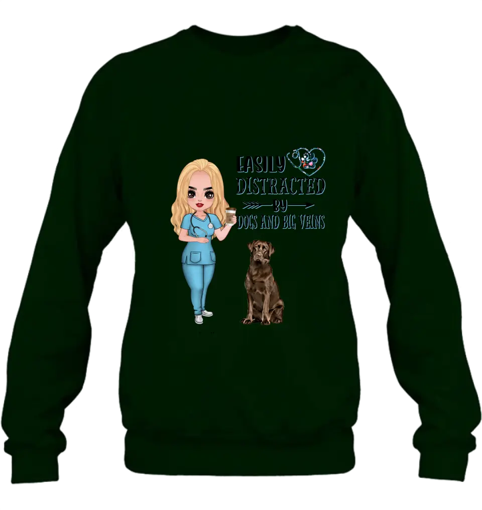 Personalized Nurse Dog Mom Shirt/ Pullover Hoodie - Up to 5 Dogs - Gift Idea For Dog Lovers - Easily Distracted By Dogs And Big Veins