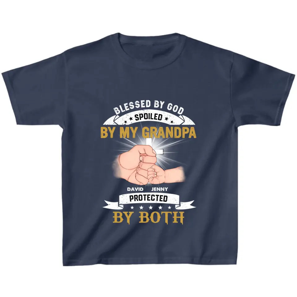 Personalized Grandkids Kid T-Shirt - Up to 5 Kids - Gift Idea For Grandma/Grandpa - Blessed By God Spoiled By My Grandpa Protected By Both