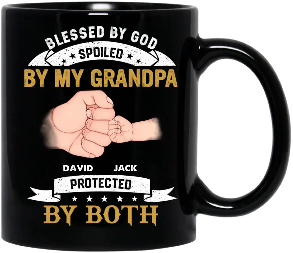 Personalized Grandkids Coffee Mug - Up to 5 Kids - Gift Idea For Grandma/Grandpa - Blessed By God Spoiled By My Grandpa Protected By Both