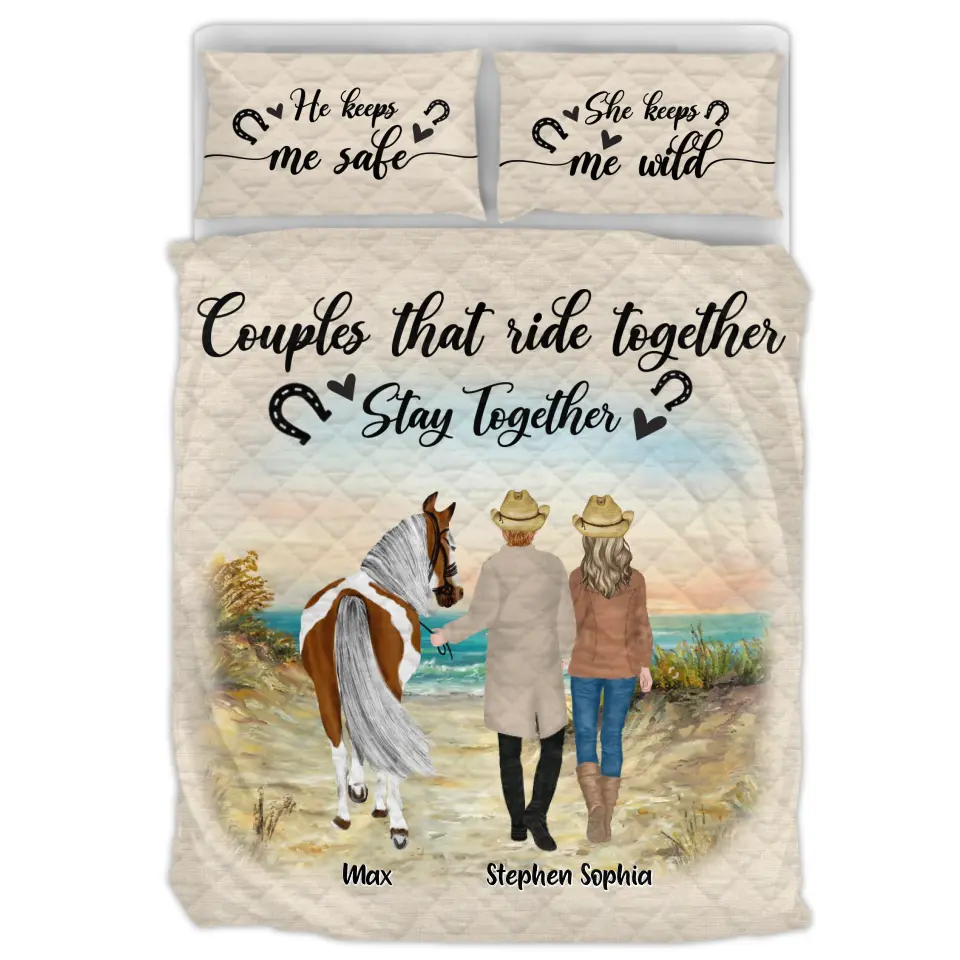Personalized Horse Couple Quilt Bed Set - Up to 6 Horses - Gift Idea For Couple/Horse Lovers - Couples That Ride Together Stay Together