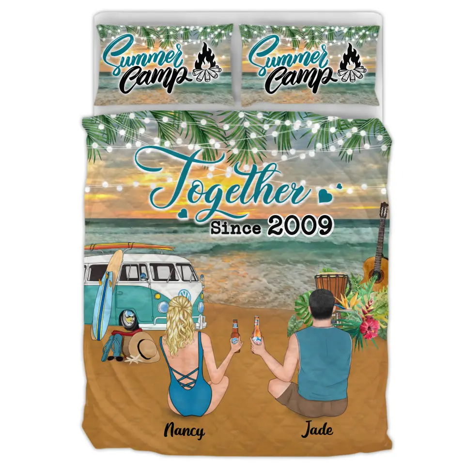 Personalized Sunset Summer Beach Camping Quilt Bed Sets - Couple/Family With Up to 3 Kids And 3 Pets - Best Gift Idea For Camping/Dog/Cat Lover - Together Since 2009