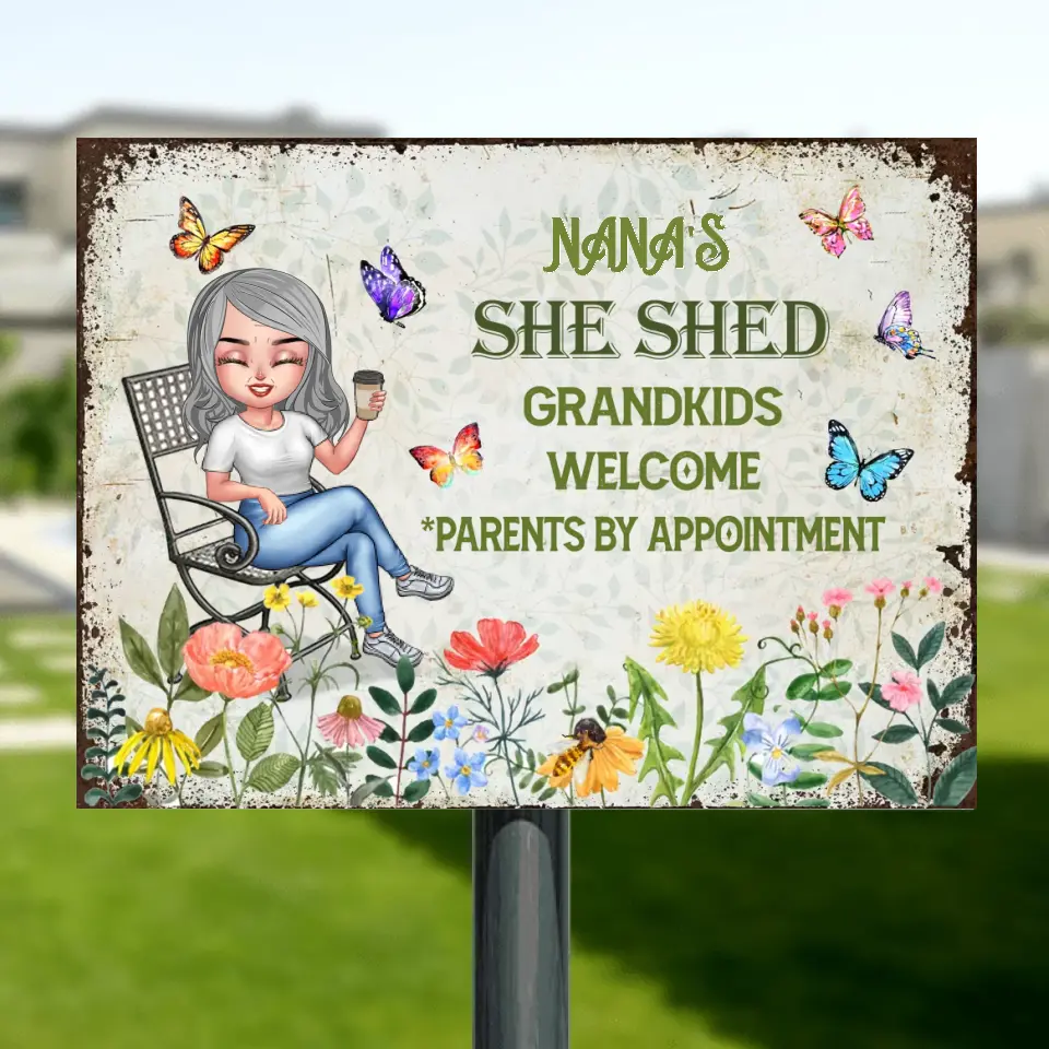 Personalized She Shed Metal Sign - Gift Idea For Grandma/Garden Lovers - Grandkids Welcome