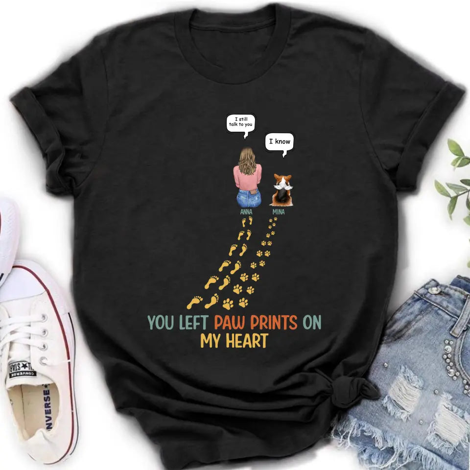 Personalized Memorial Paw Prints T-shirt/Long Sleeve/Sweatshirt/Hoodie - Up to 4 Pets - Gift Idea For Dog/Cat/Rabbit Lover - You Left Paw Prints On My Heart