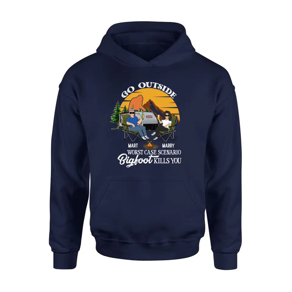 Personalized Couple Camping Shirt/Pullover Hoodie/Long sleeve/Sweatshirt - Gift Idea For Camping Lover - Go Outside Worst Case Scenario Bigfoot Kills You