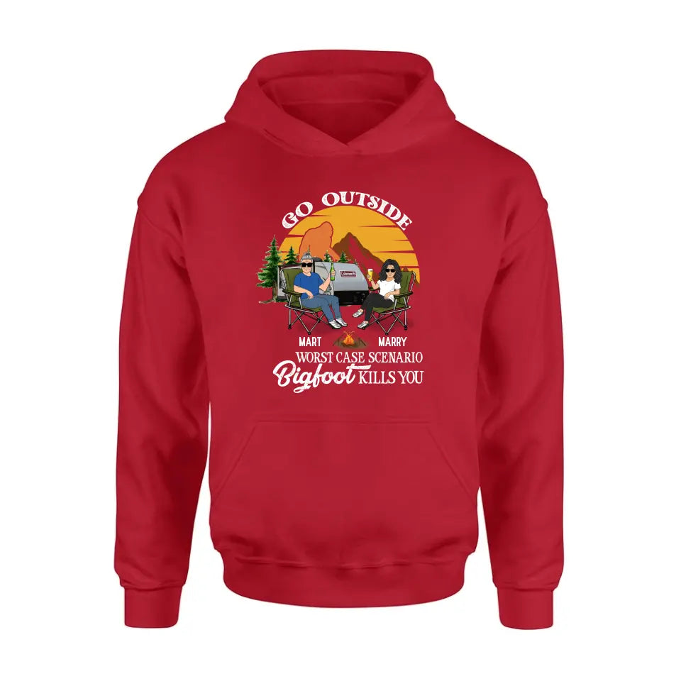 Personalized Couple Camping Shirt/Pullover Hoodie/Long sleeve/Sweatshirt - Gift Idea For Camping Lover - Go Outside Worst Case Scenario Bigfoot Kills You